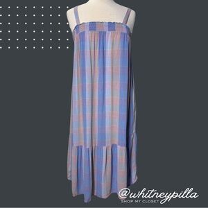 LOFT Plaid Smocked Pocket Midi Dress, Blue, Pink & Purple Women's Petite Medium